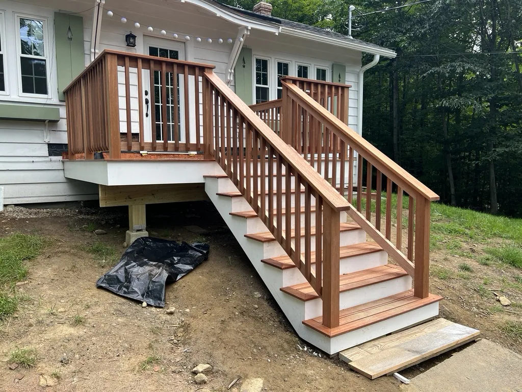 Finished mahogany deck and stairs at the entry