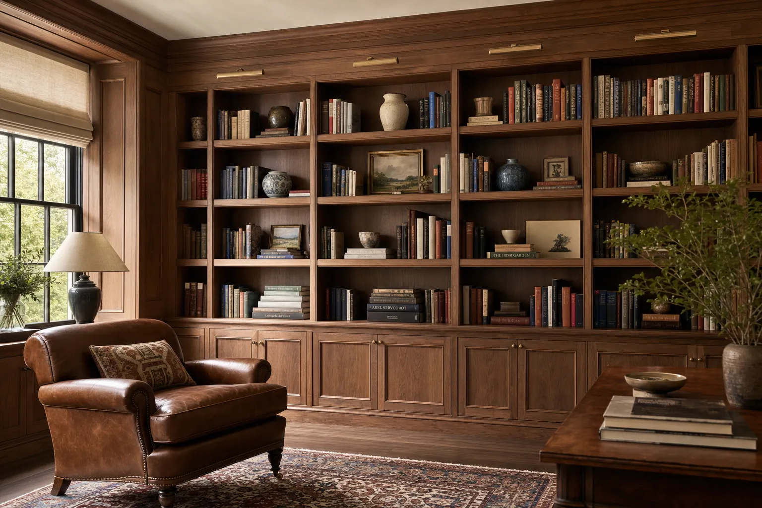 A finished walnut library built-in in a New Hampshire study
