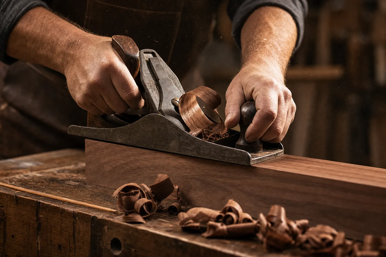 Hands hand-planing a board in the studio