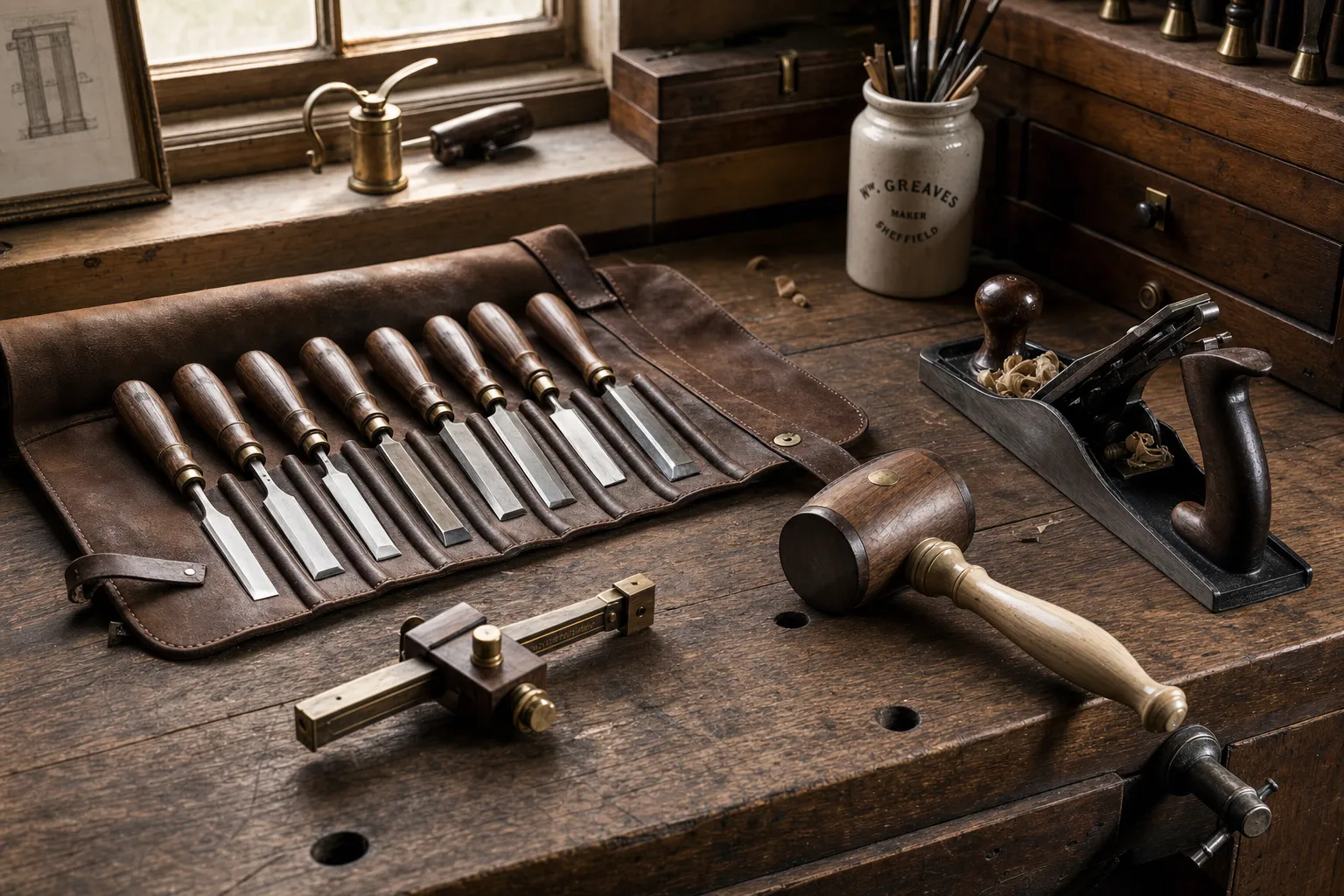 Workshop bench with a leather roll of hand chisels, a hand plane, mallet, and marking gauge